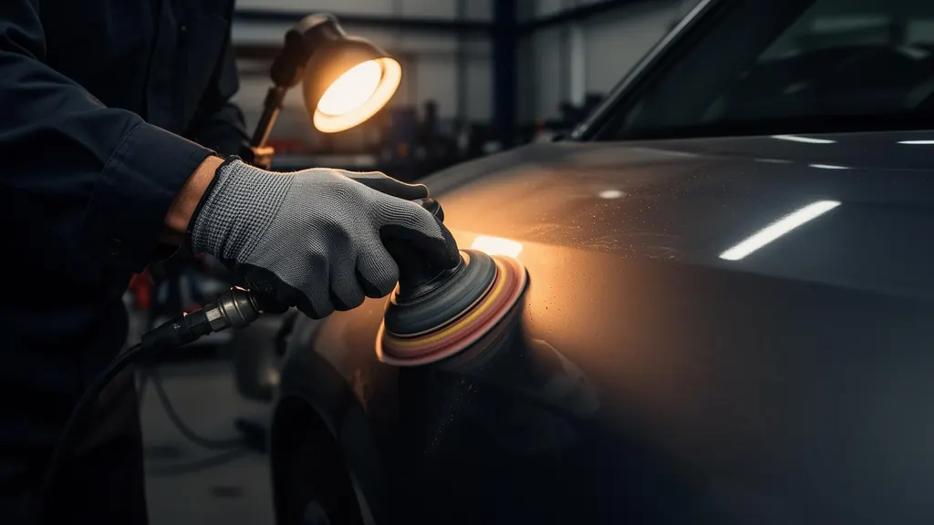 Technicien polissant une carrosserie à Meinier, Genève